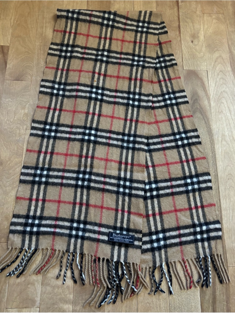 Burberry Tan Check Wool Men's Scarf with Black, White & Red Plaid